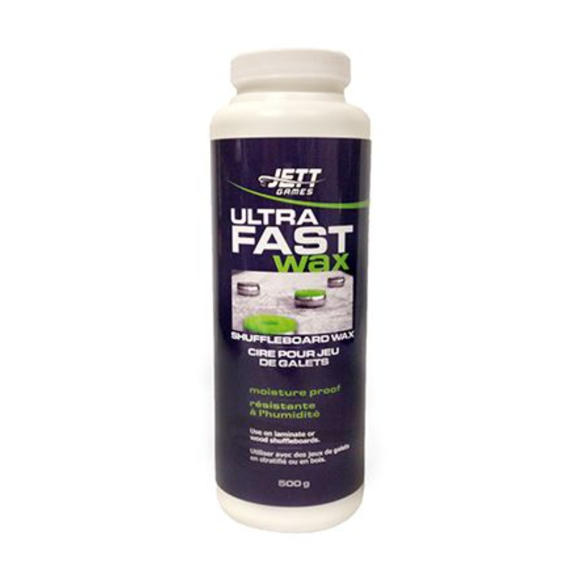 A 500g bottle of Jet Jack Ultra Fast Wax Shufflesboard Wax, featuring a white plastic bottle with a dark purple label and green and white text.
