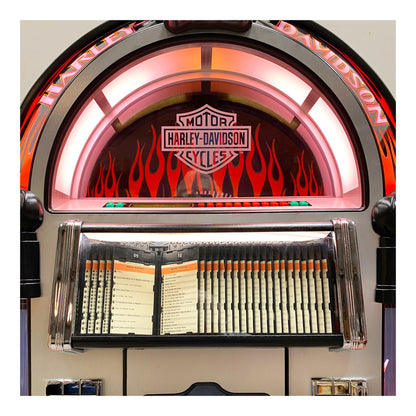 Harley-Davidson jukebox with flames and a record player.