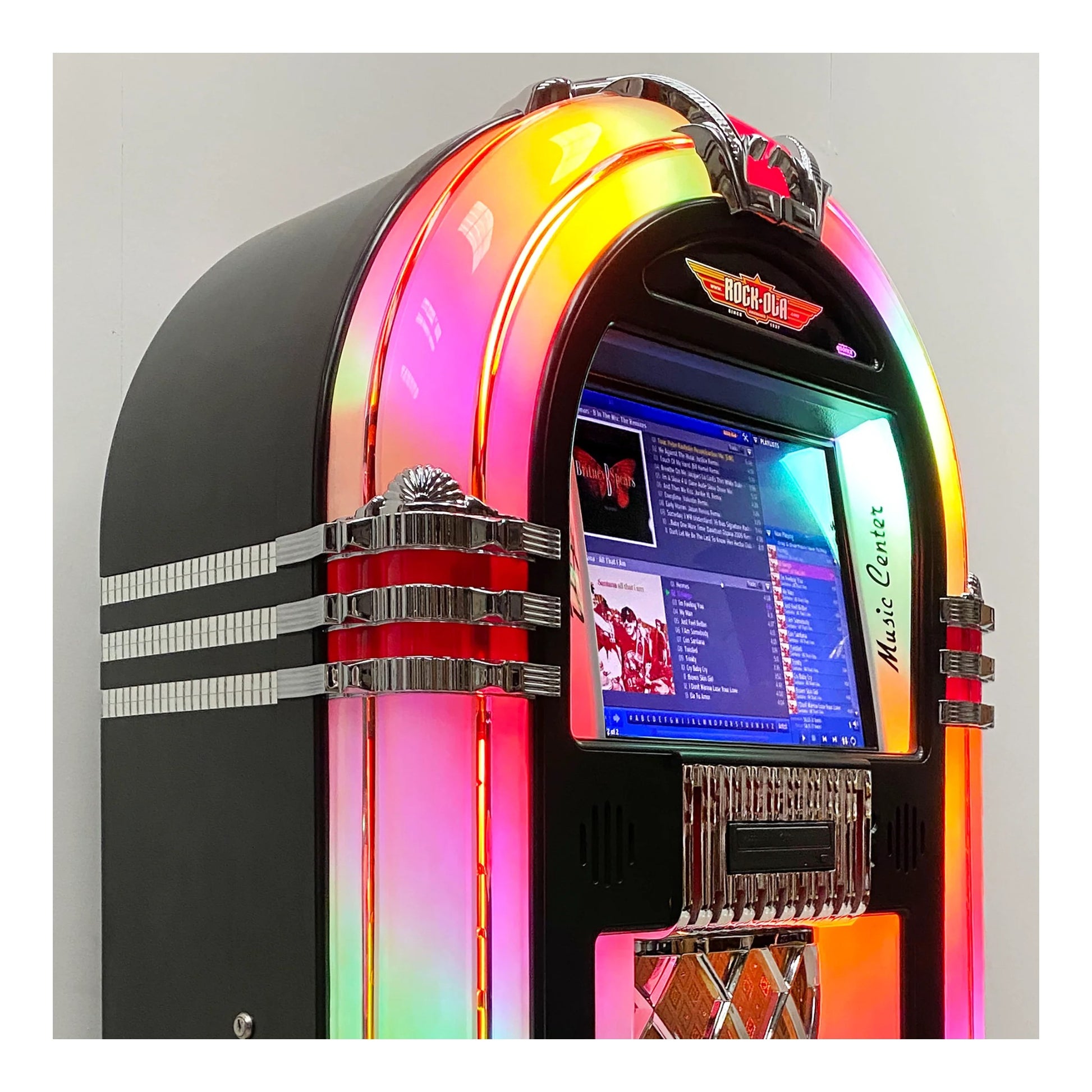 Colorful jukebox with a screen displaying music options on a gray background