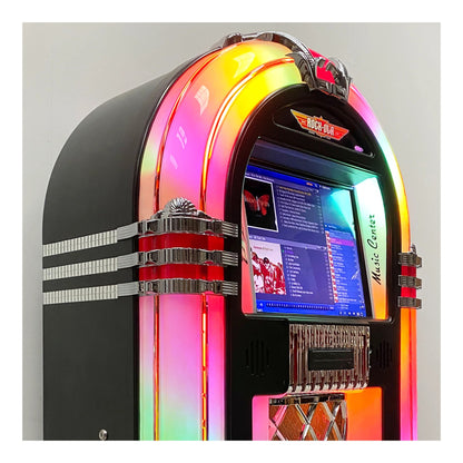 Colorful jukebox with a screen displaying music options on a gray background