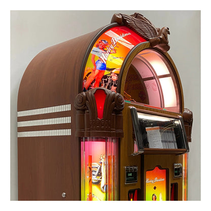 Vintage-style jukebox with colorful display and 'Harley Davidson' branding.