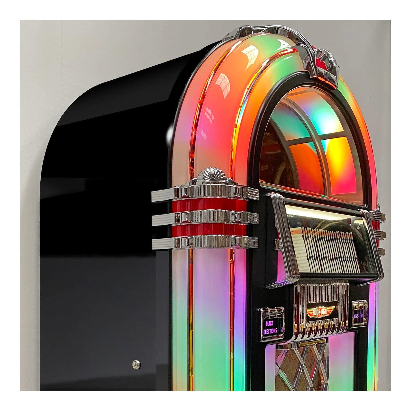 Multicolored vintage-style jukebox on a gray background