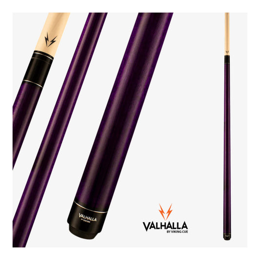 Viking Valhalla VA107 pool cue featuring a vibrant purple stain and wrapless handle.