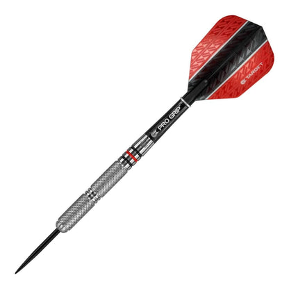 Close up of the Target Vapor 8 04 dart barrel featuring 80% tungsten construction and Vision Ultra flights.