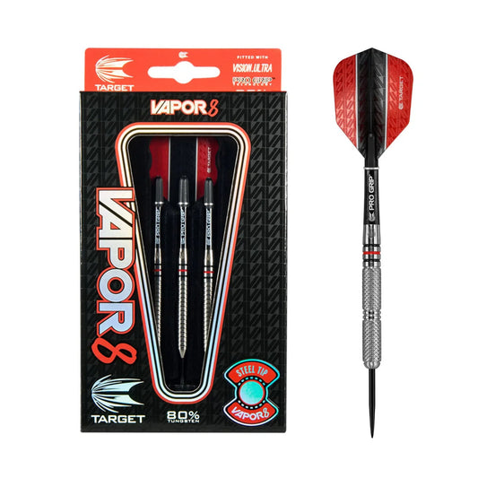 Complete set of Target Vapor 8 04 steel tip darts showing black and red radial grooves on the tungsten barrel.