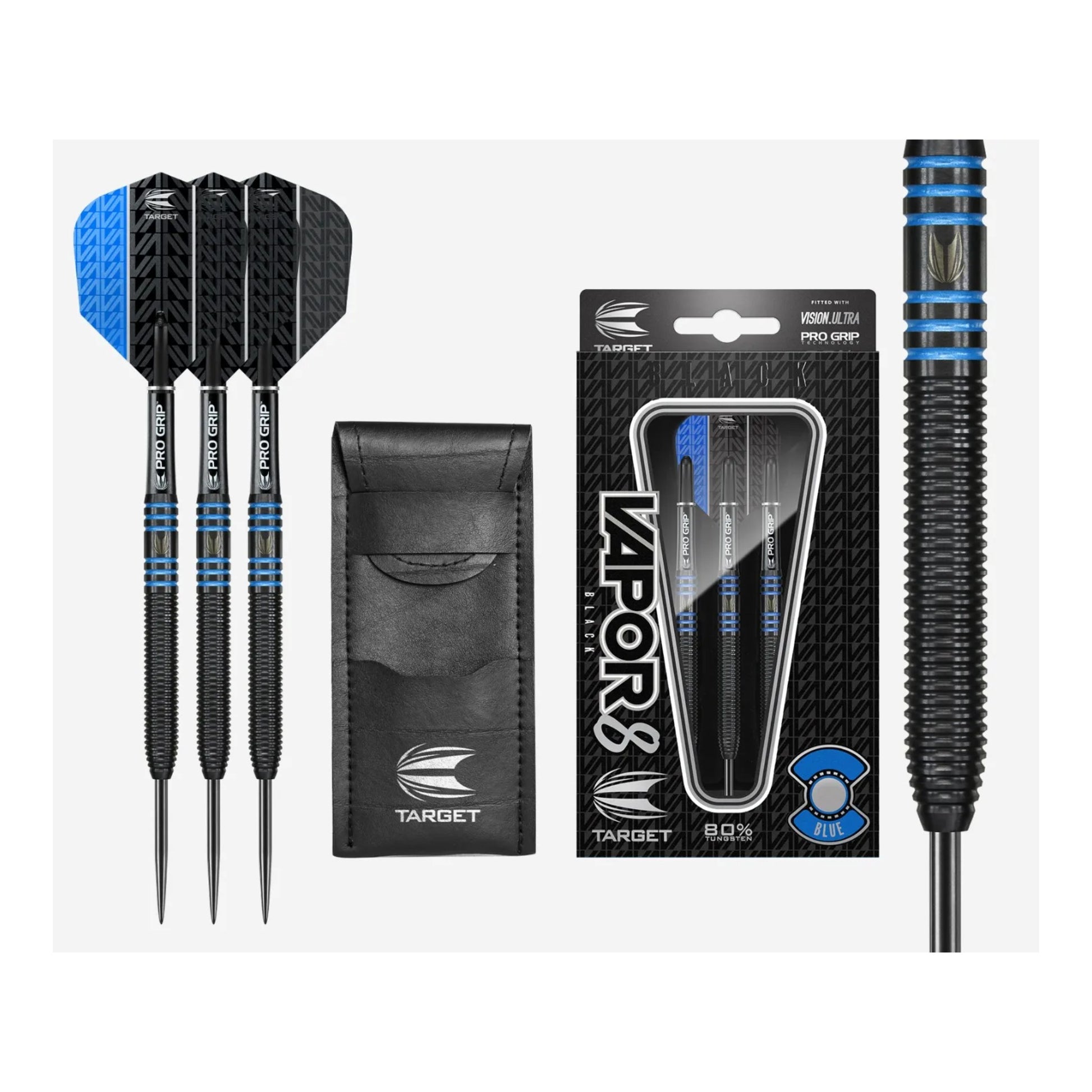 Complete set of Target Vapor8 Black Blue 80% tungsten darts with black Pro Grip shafts and Vision Ultra flights.