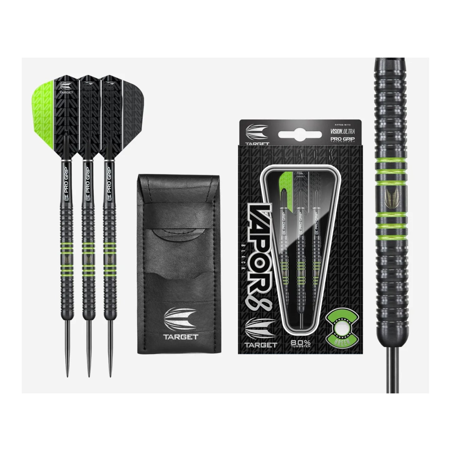 Target Vapor8 Black Green darts featuring black titanium nitride coating and vivid green ring sections.