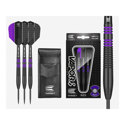 Complete set of Target Vapor8 Black Purple steel tip darts featuring black titanium nitride coating and purple ring highlights.