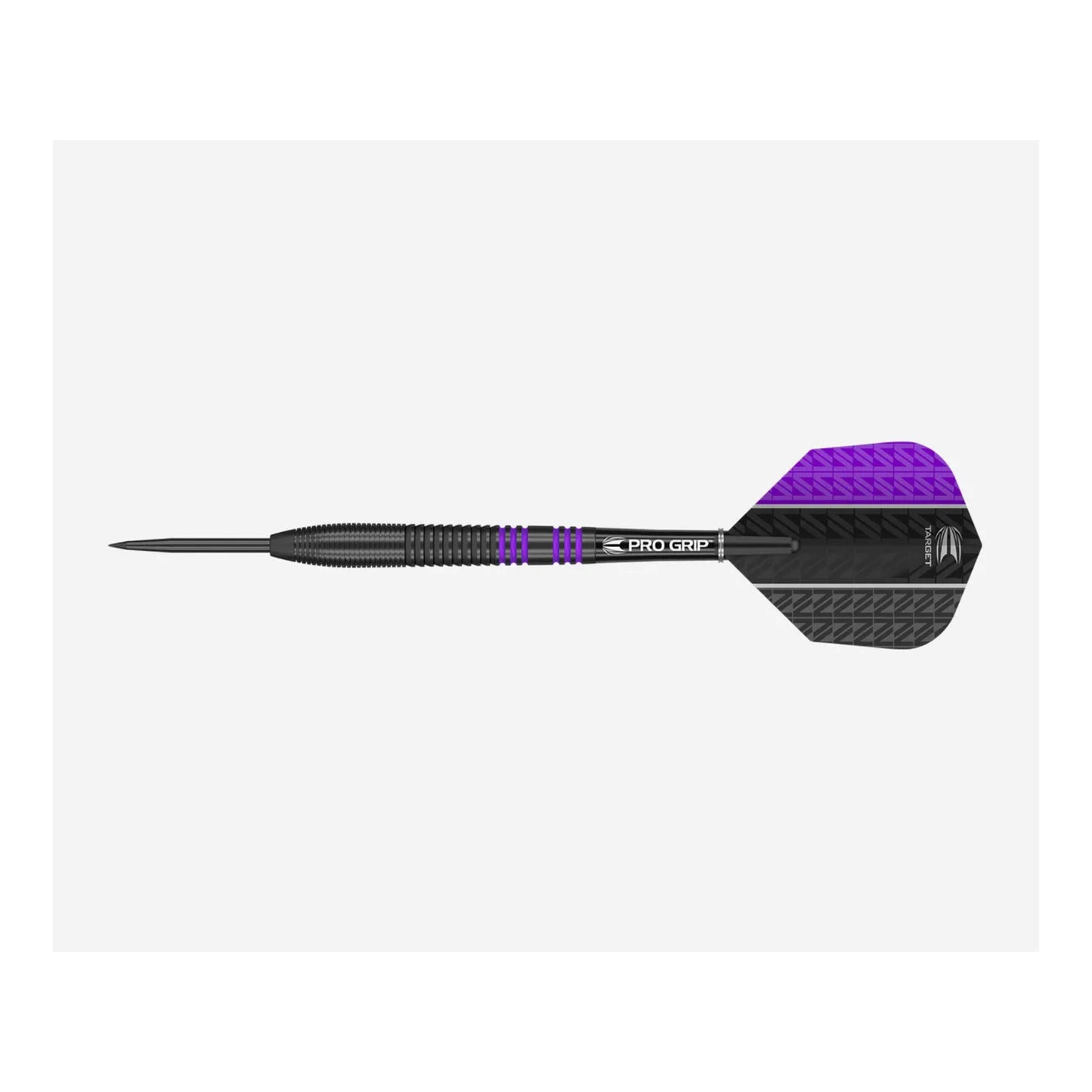 Close up detail of the Vapor8 Black Purple dart barrel showing axial cuts and pro grip shaft connection.