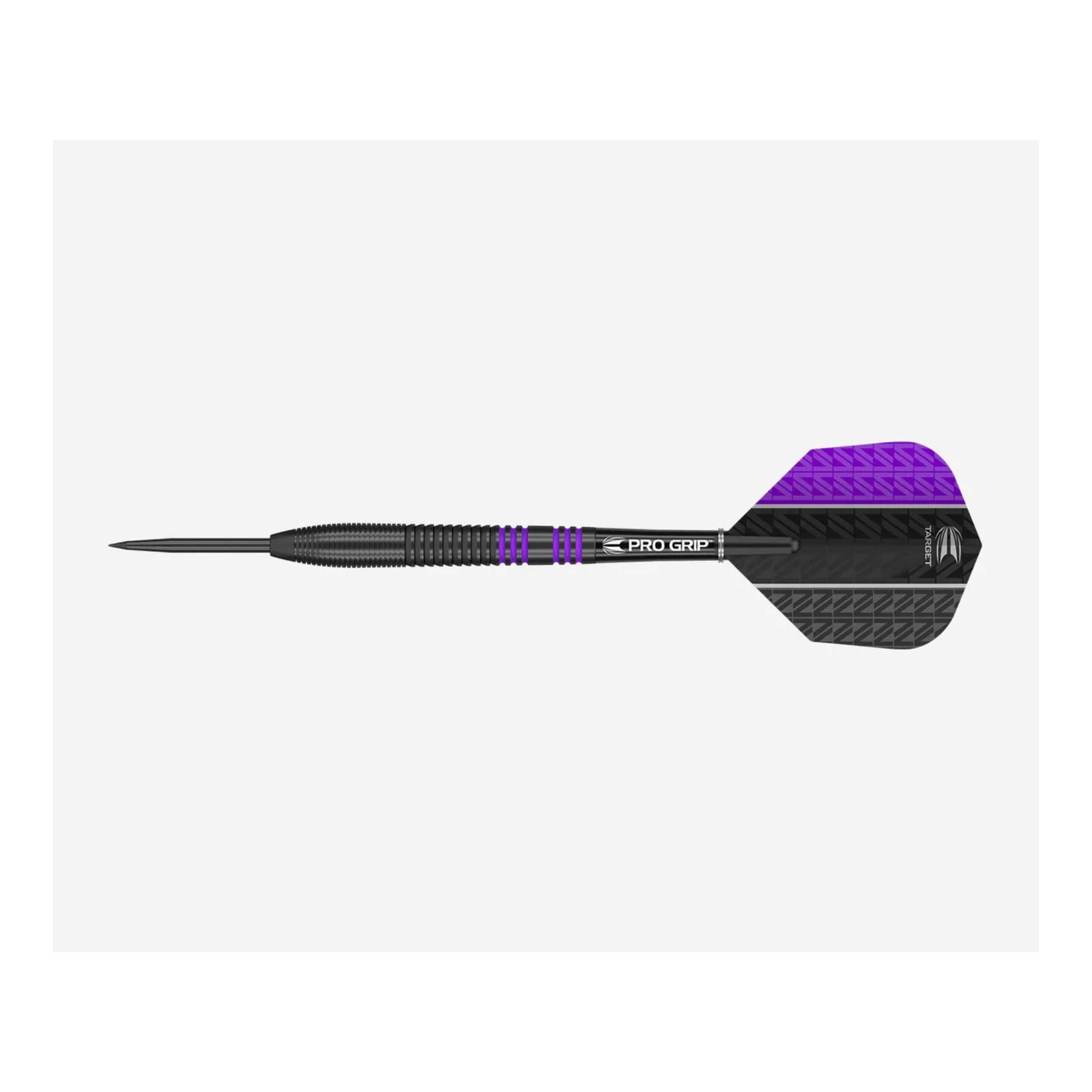 Close up detail of the Vapor8 Black Purple dart barrel showing axial cuts and pro grip shaft connection.