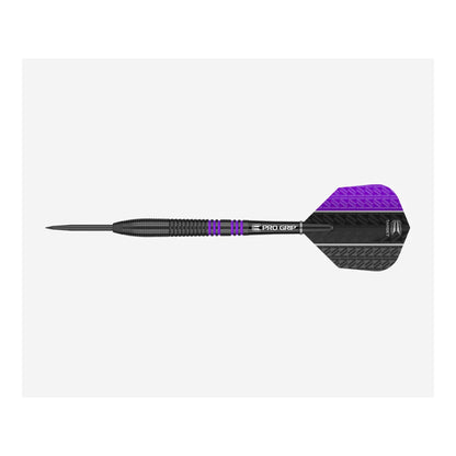 Close up detail of the Vapor8 Black Purple dart barrel showing axial cuts and pro grip shaft connection.