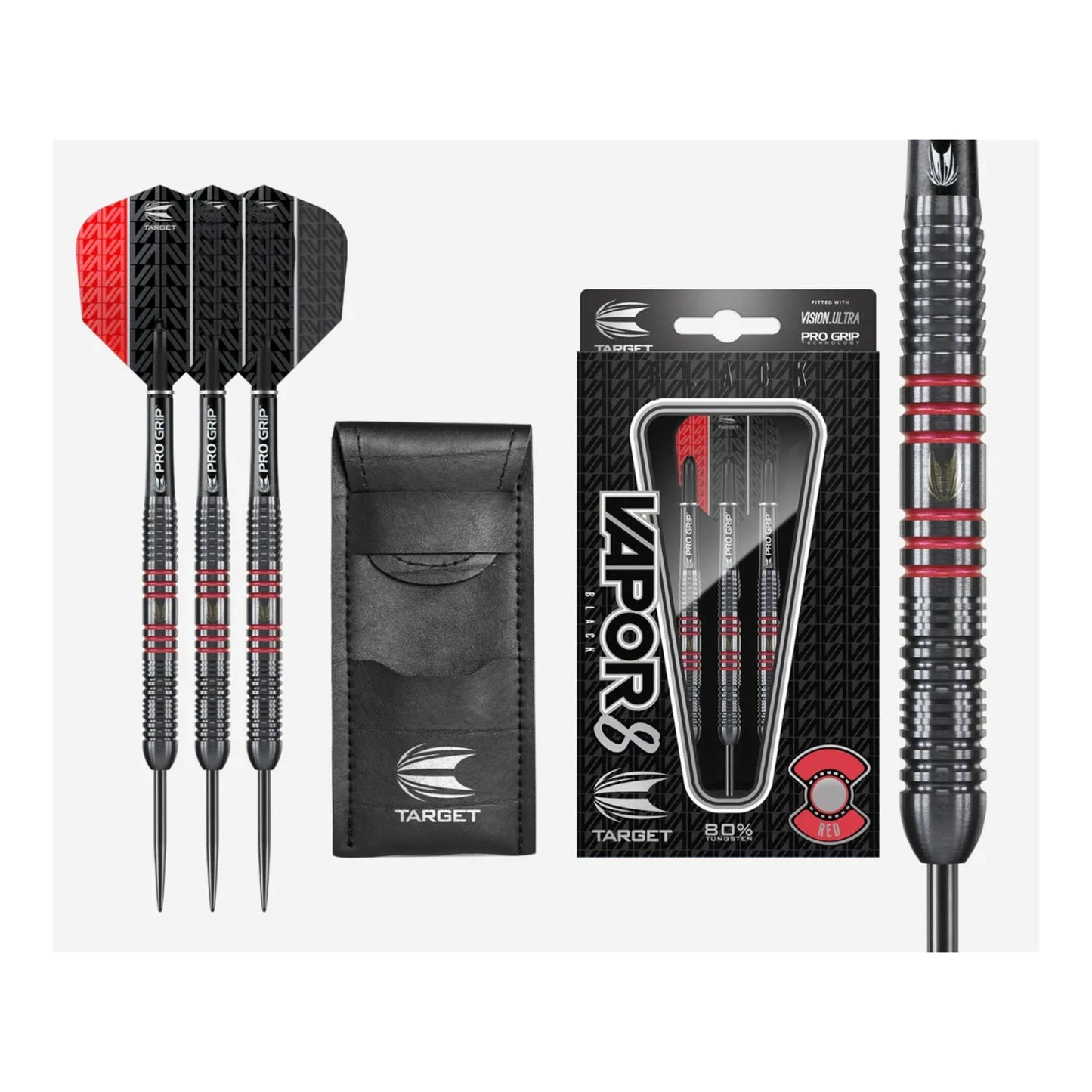 Target Vapor8 Black Red darts featuring black titanium nitride coating and red rings.