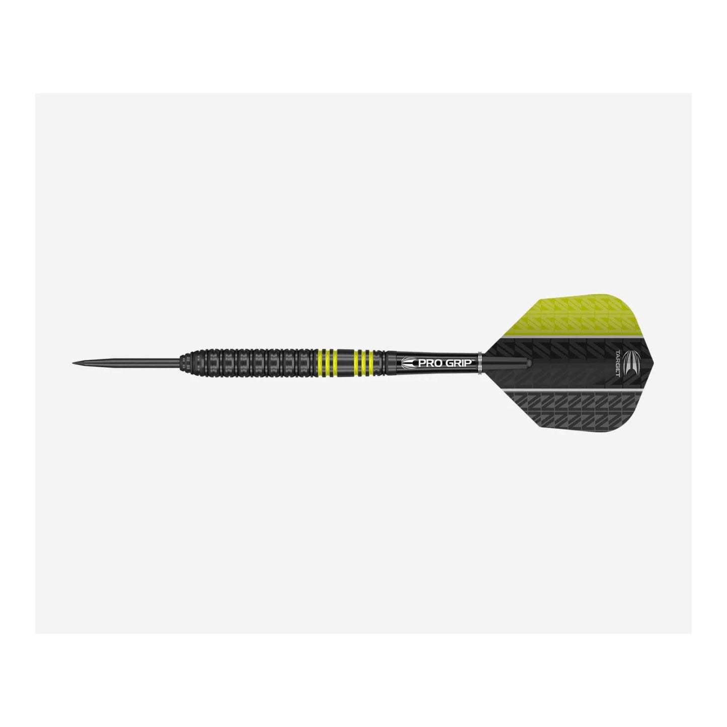 Close up detail of the Vapor8 Black Yellow dart barrel showing axial cuts and Target Pro Grip shaft.