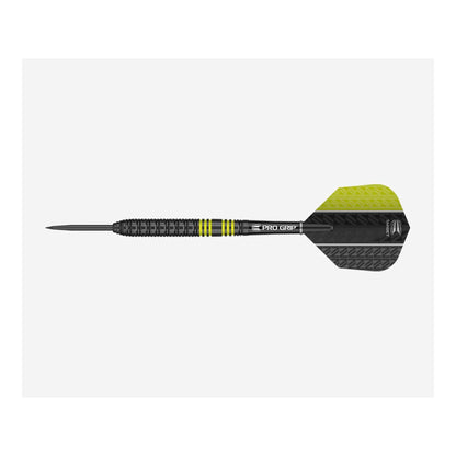 Close up detail of the Vapor8 Black Yellow dart barrel showing axial cuts and Target Pro Grip shaft.
