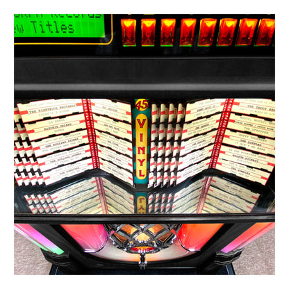 Vintage-style jukebox with vinyl records and colorful lights