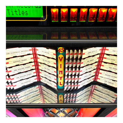 Jukebox with vinyl records and a colorful display.