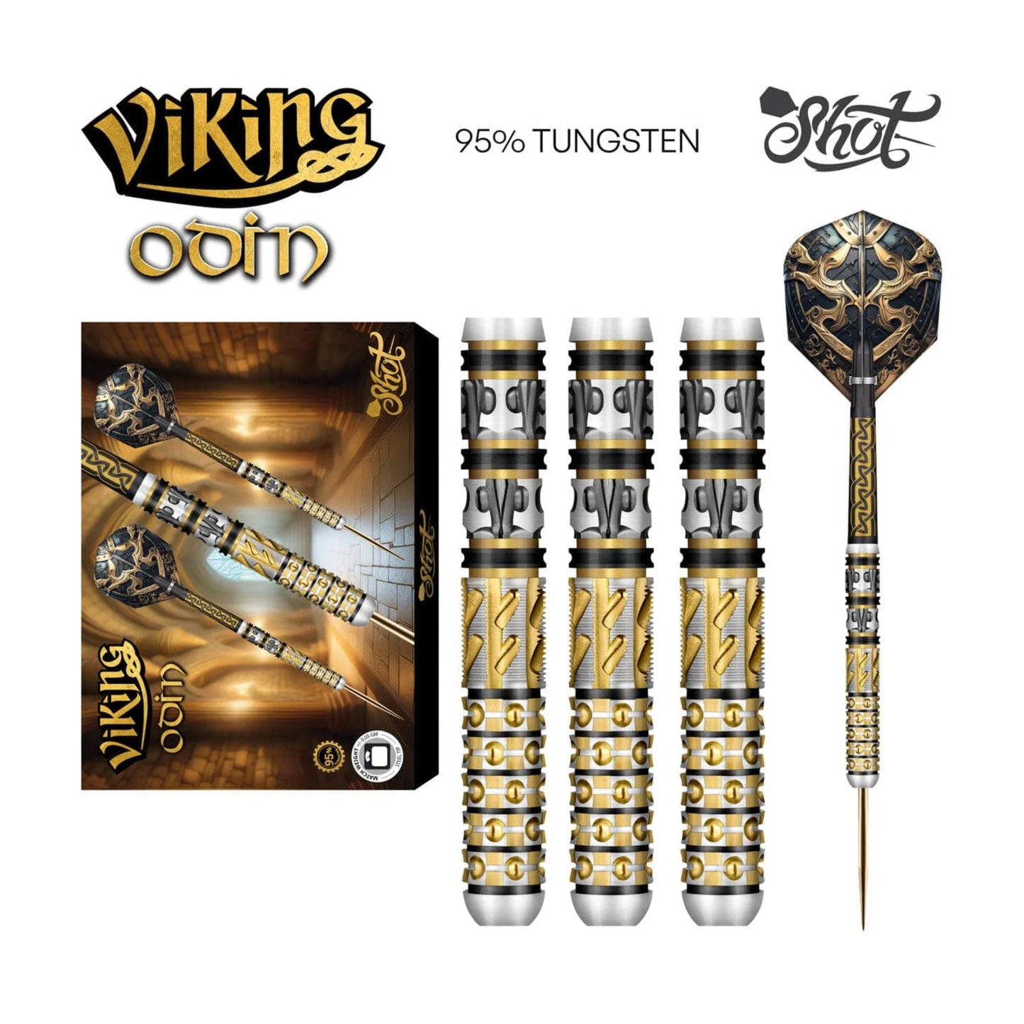 Viking Odin darts with packaging and 'Shot' branding on a white background
