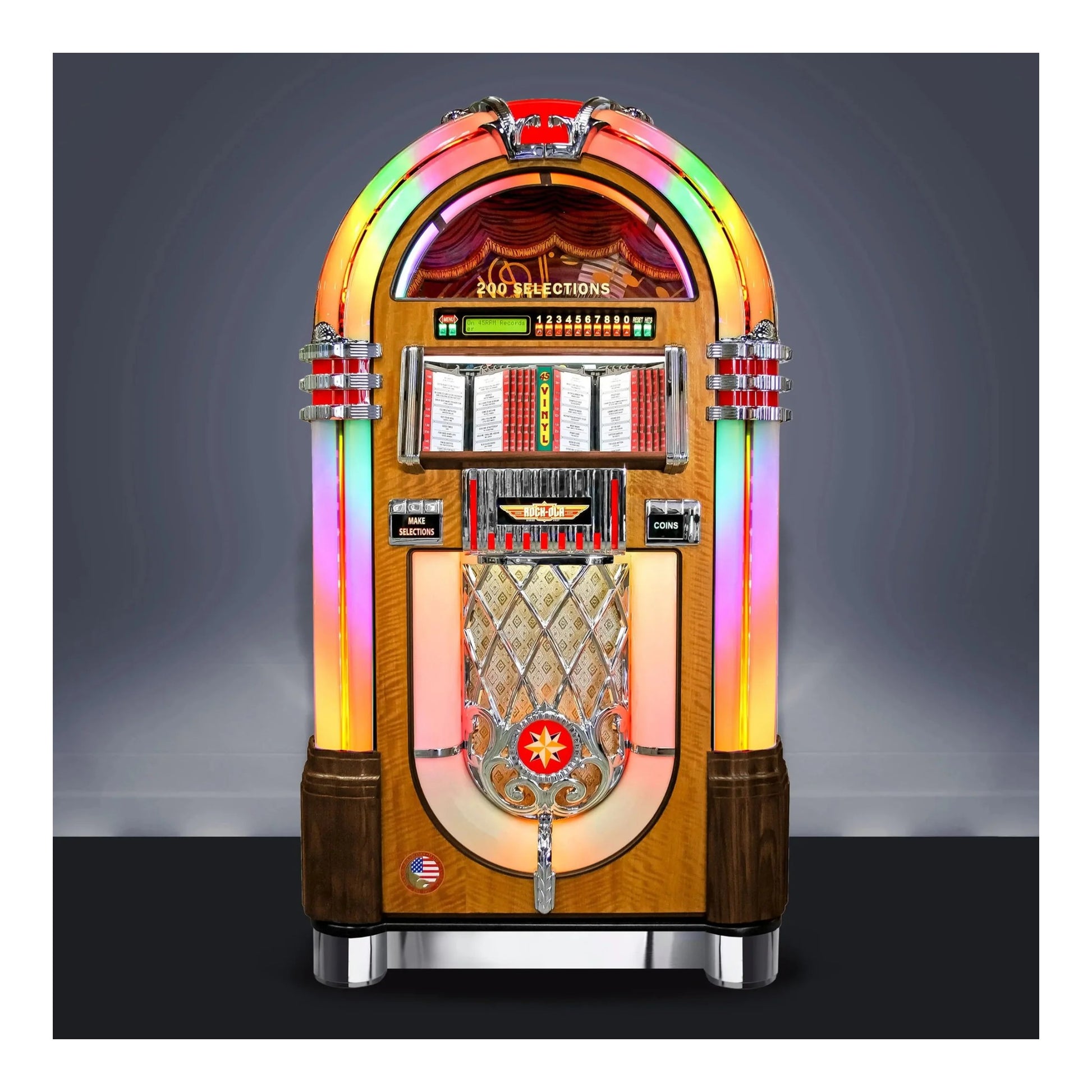 Vintage-style jukebox with colorful lights on a dark background