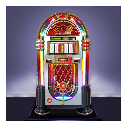 Colorful vintage-style jukebox on a dark platform with a purple gradient background