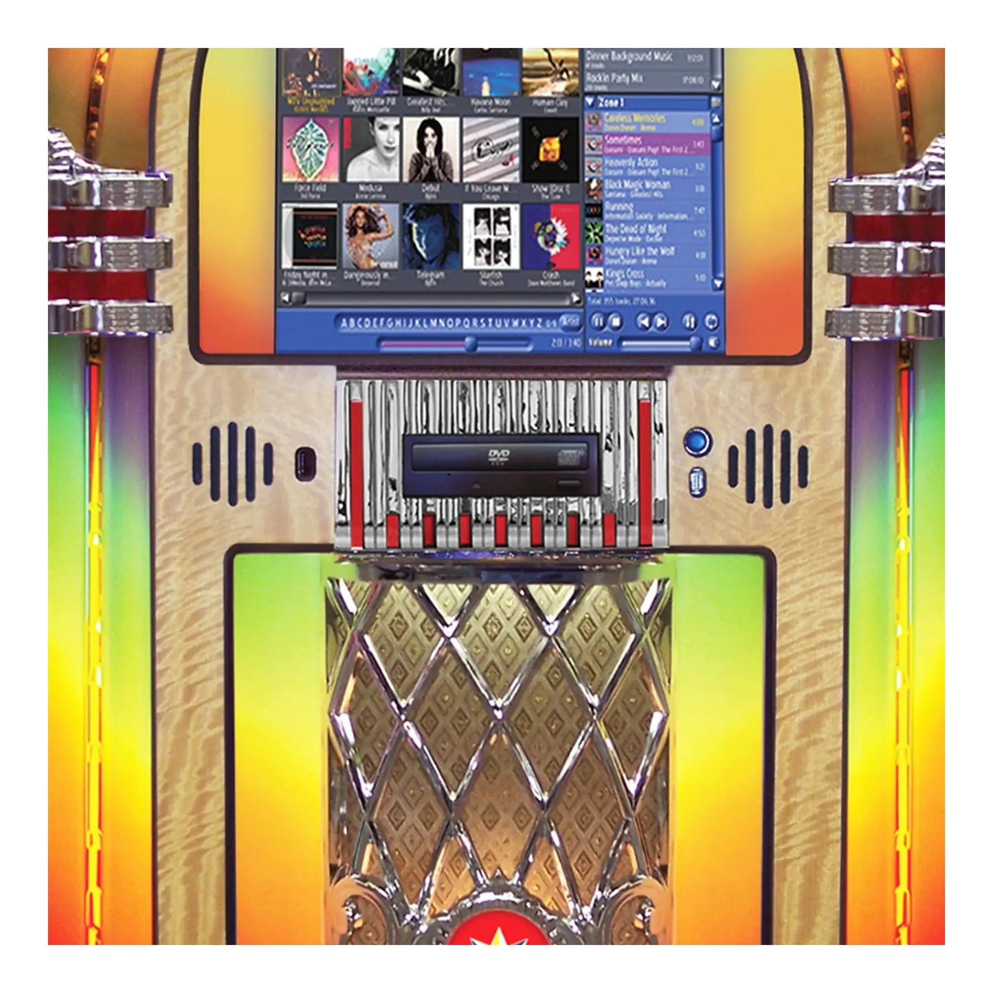 Colorful electronic device with a screen displaying music interface