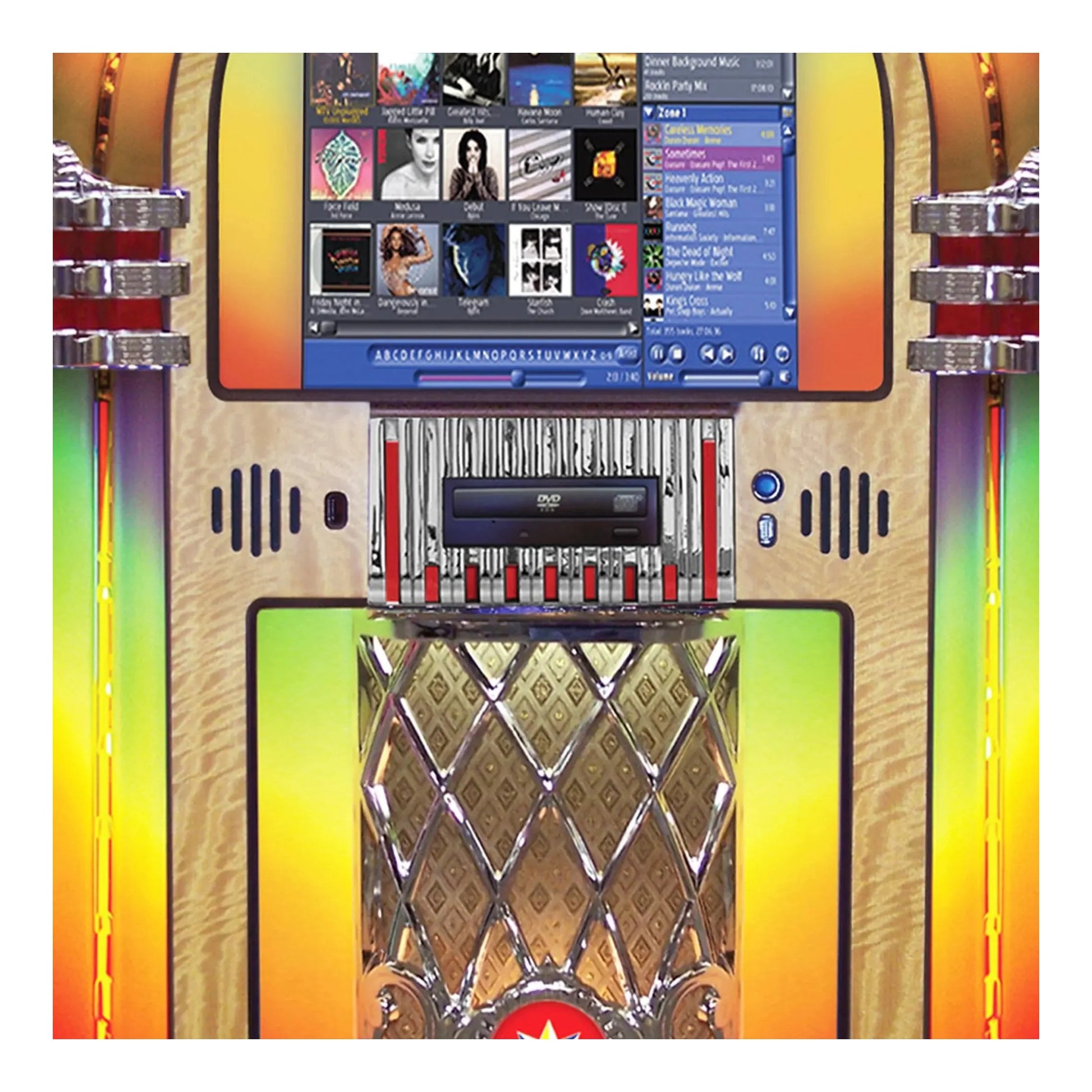 Colorful electronic device with a screen displaying music interface