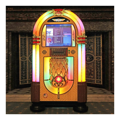 Vintage-style jukebox with colorful lights in a decorative setting