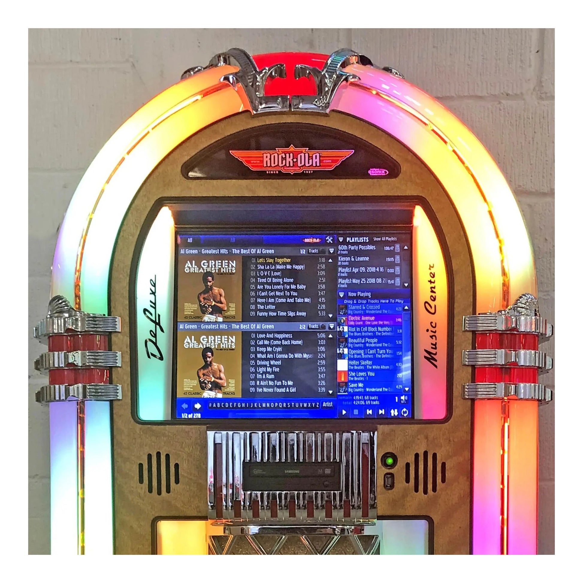 Vintage-style jukebox with digital display and colorful neon lights.