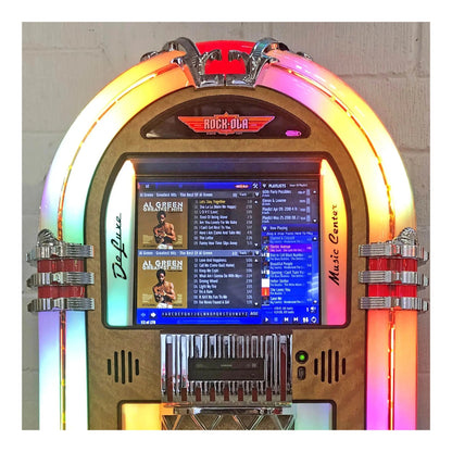 Vintage-style jukebox with digital display and colorful neon lights.