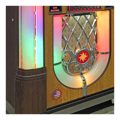 Vintage-style jukebox with colorful lighting and American flag emblem.