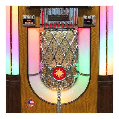 Vintage-style jukebox with wooden exterior and metallic top panel.