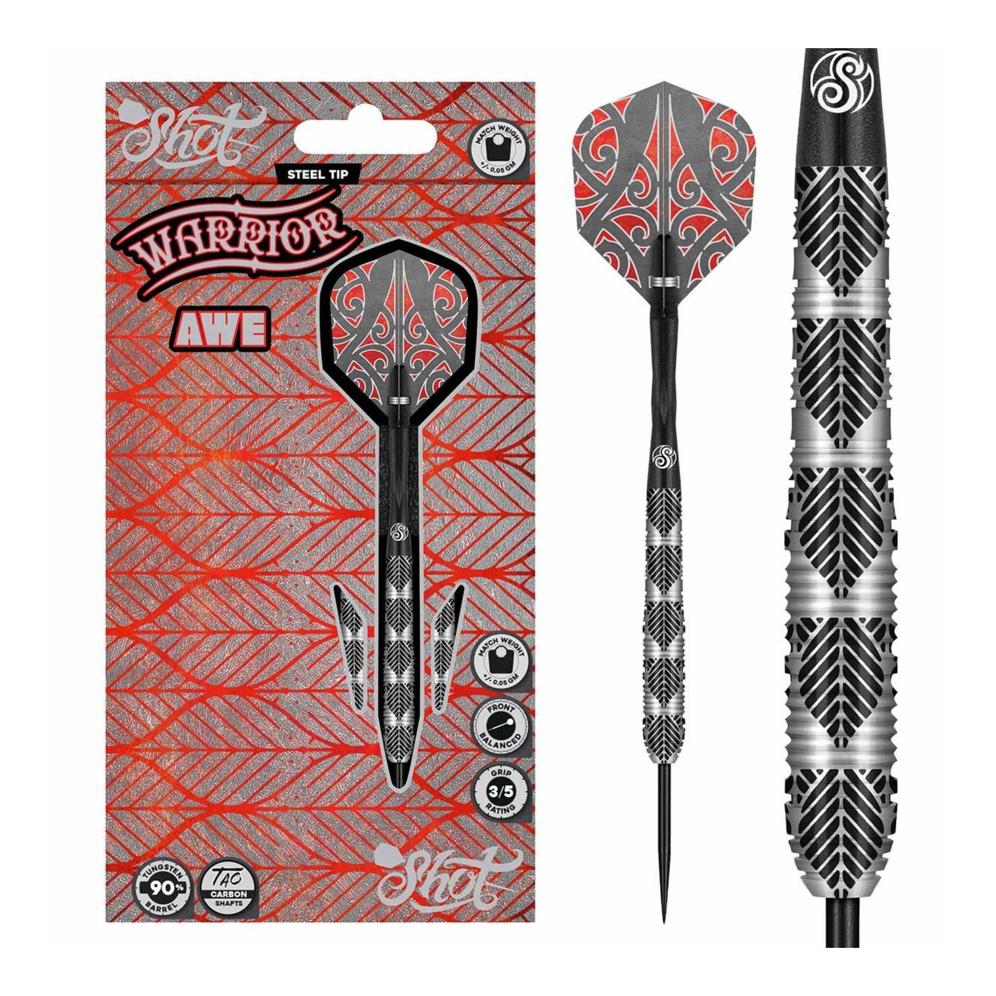 Shot Warrior Awe Steel Tip Darts 90% Tungsten packaging