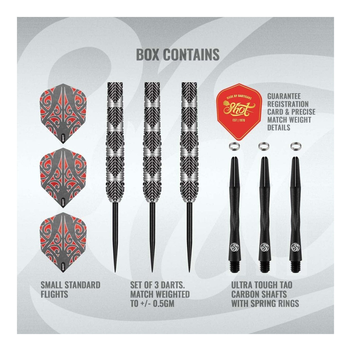 Warrior Awe Dart Set full view with flights and shafts