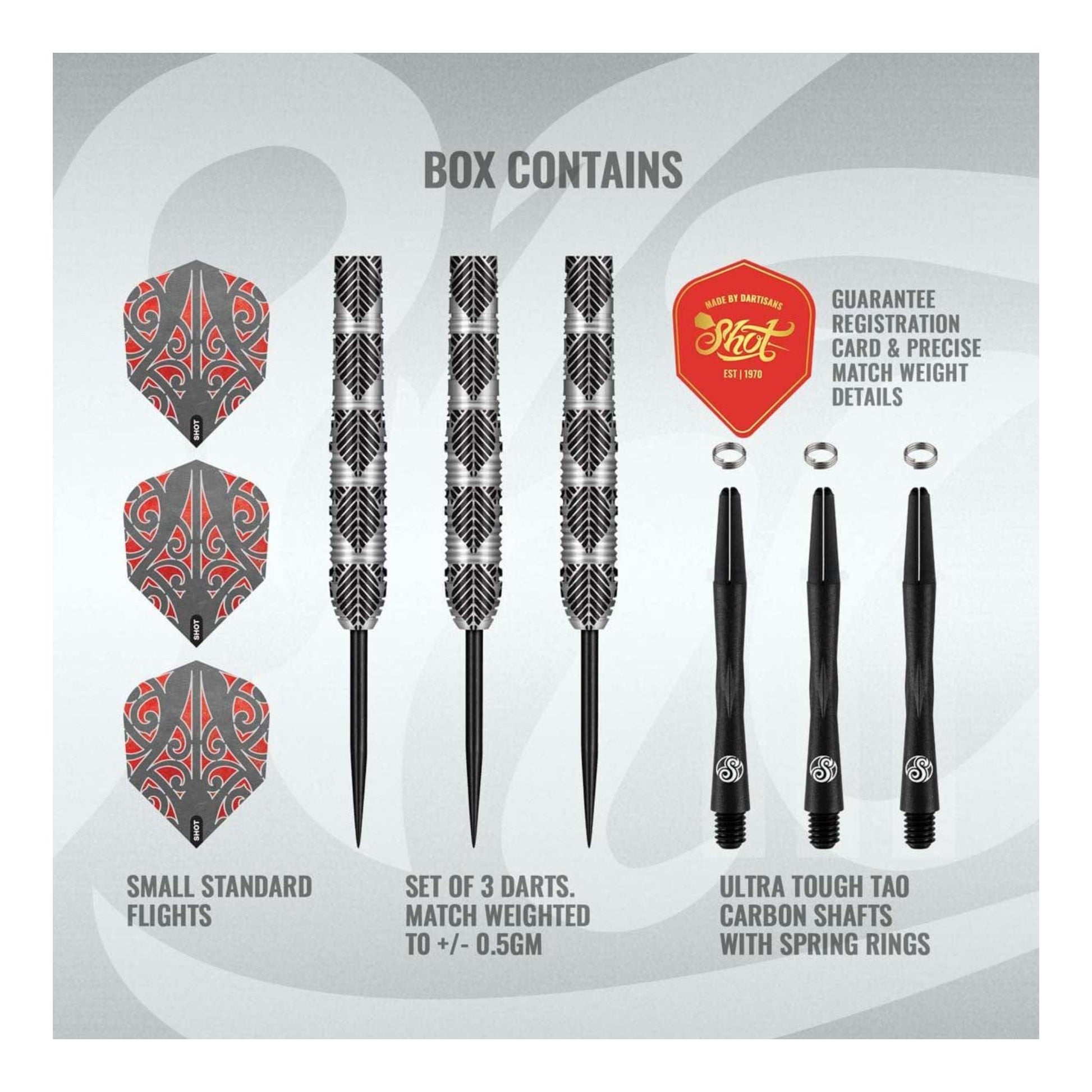 Warrior Awe Dart Set full view with flights and shafts