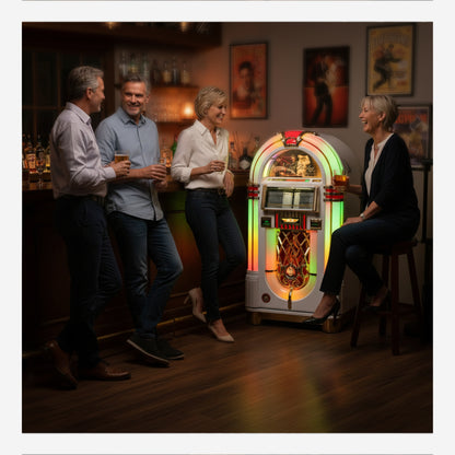 People socializing in a bar with a vintage jukebox.