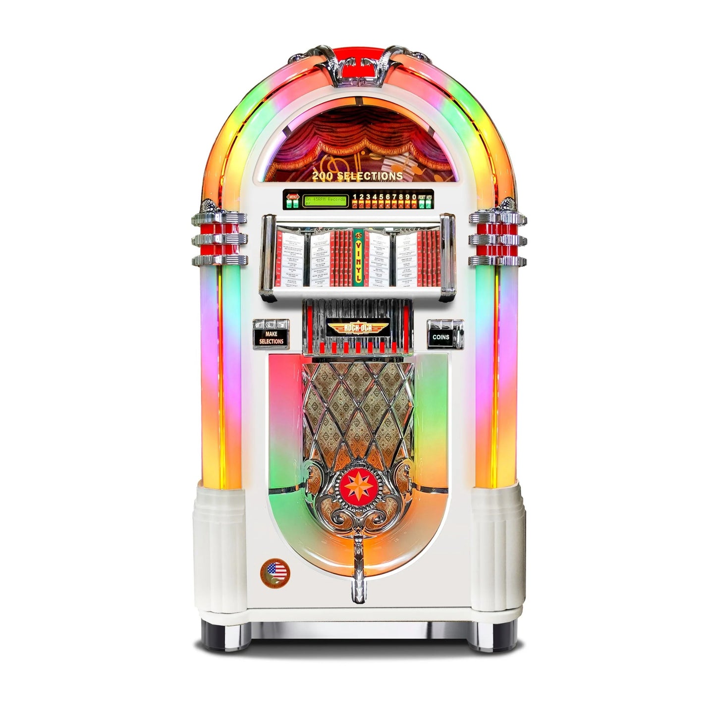 Vintage-style jukebox with colorful rainbow lights on a white background