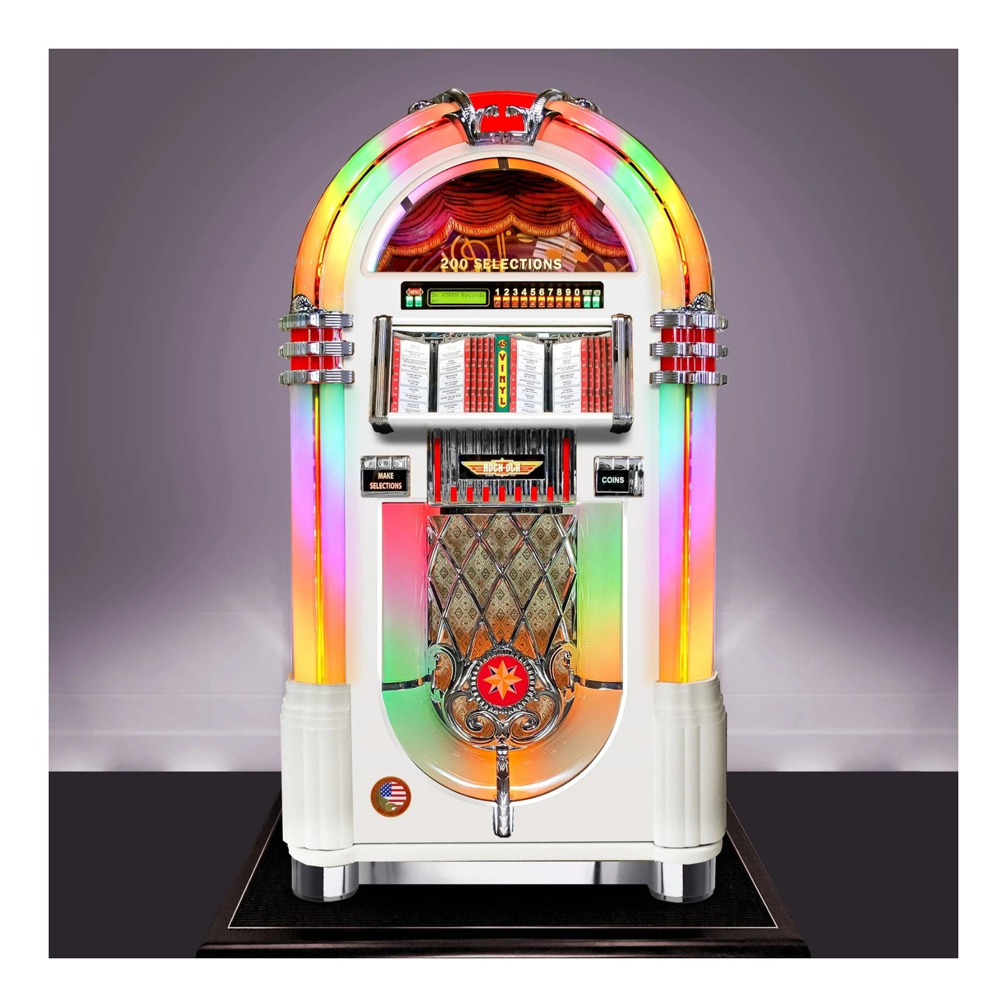 Colorful vintage-style jukebox on a dark platform with a gray background
