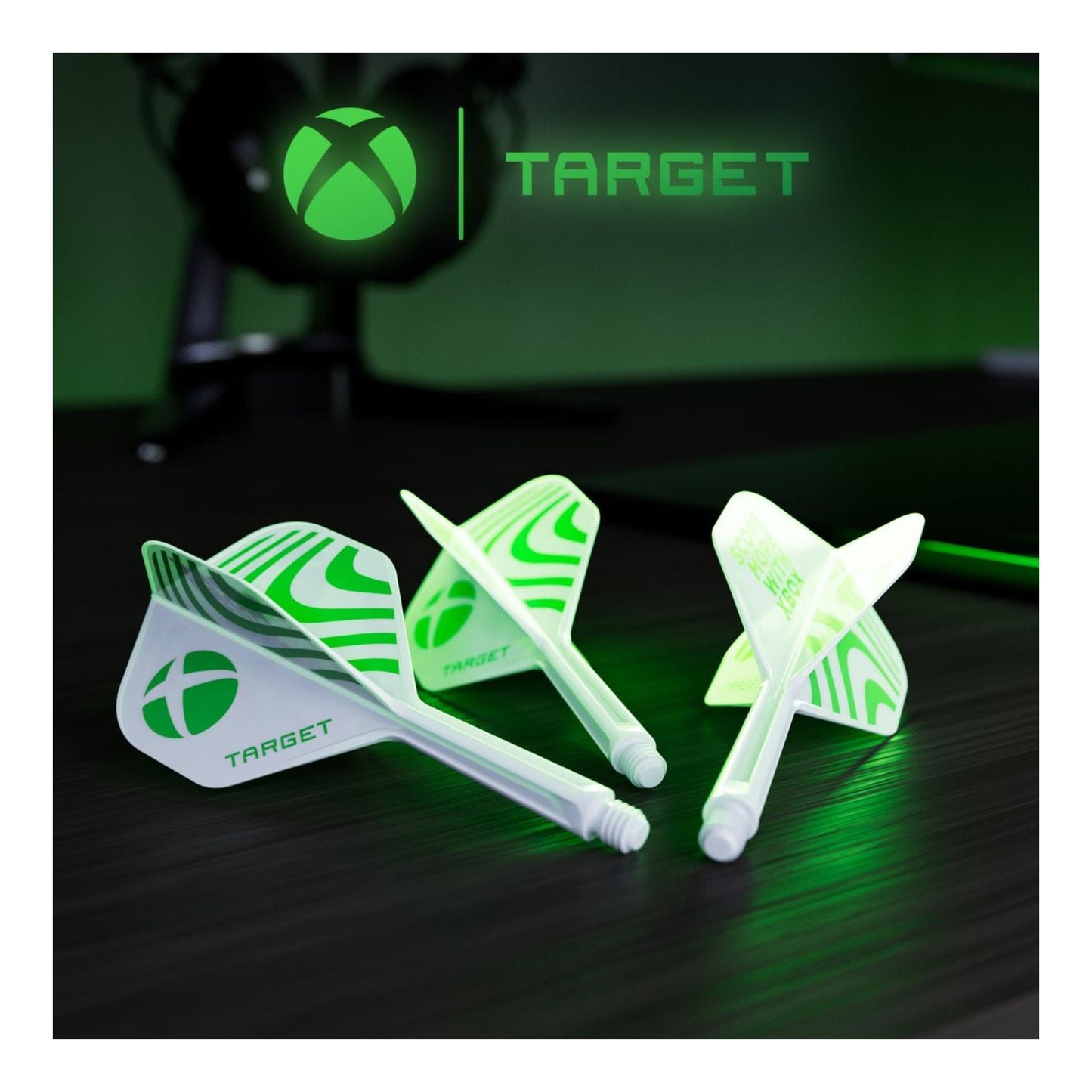 Xbox green and white K-Flex dart flight side view