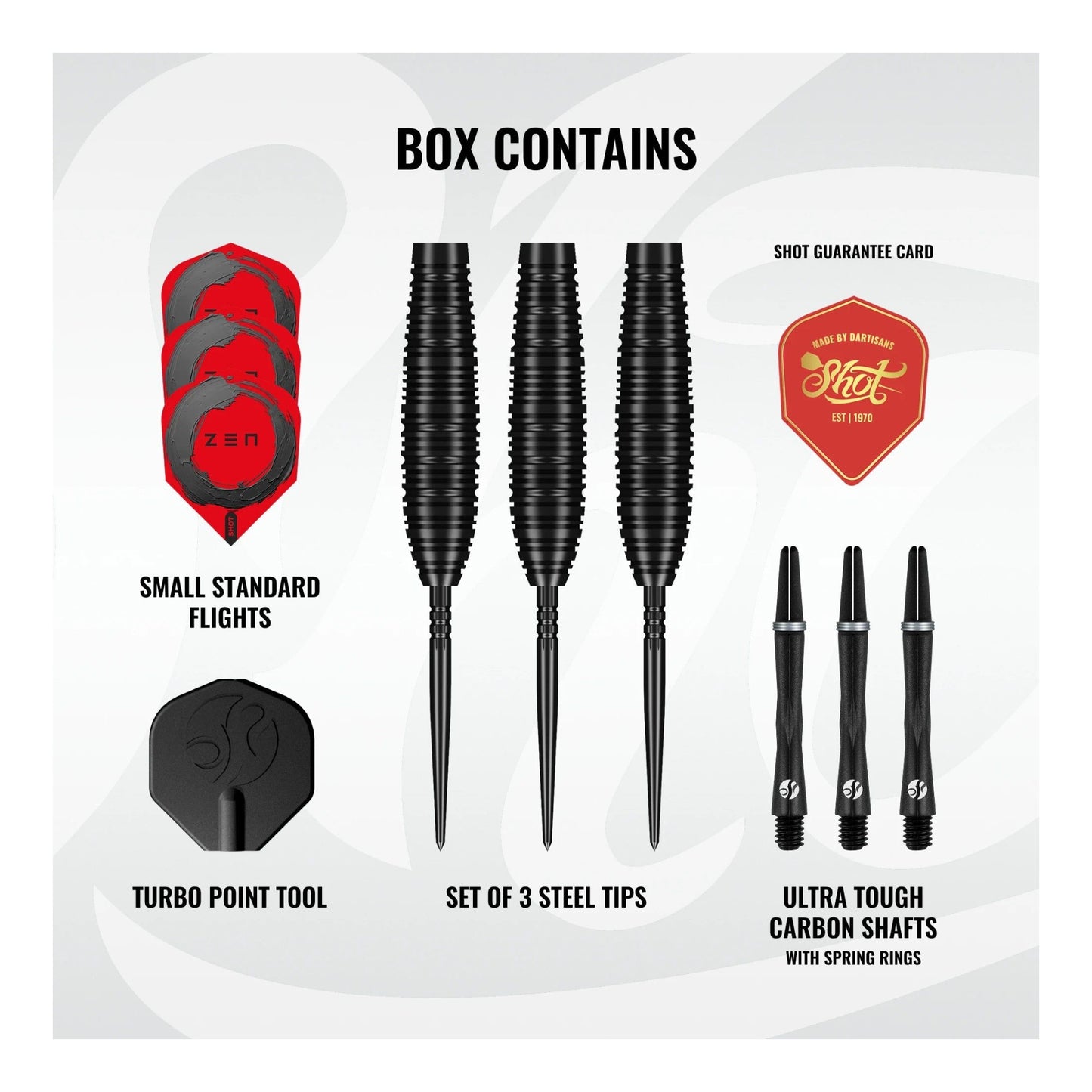 Box contents for the Zen Bomber steel tip dart set including flights, shafts, and tungsten barrels
