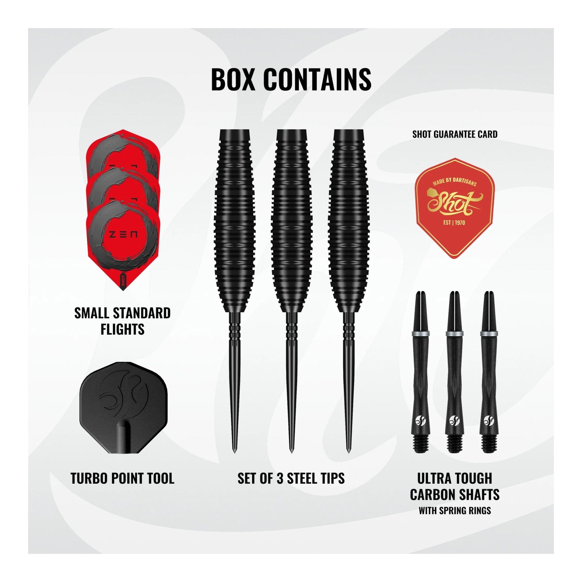 Box contents for the Zen Bomber steel tip dart set including flights, shafts, and tungsten barrels