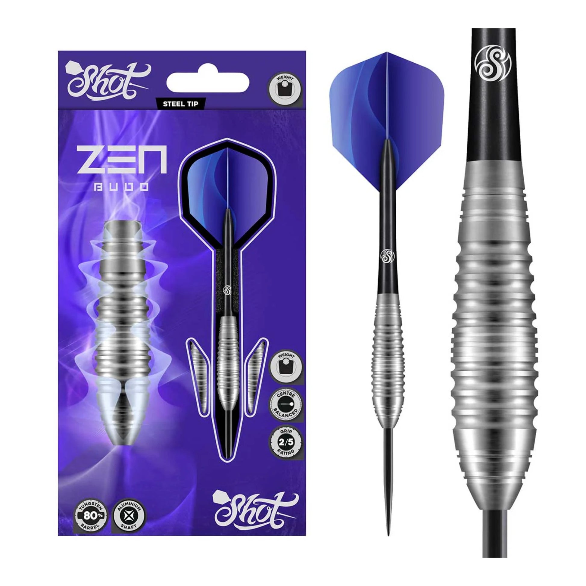 Shot Zen darts with packaging and blue flight on a white background