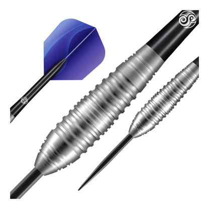 Close up of Zen Budo dart barrel showing ring grip and centre weighted bomber shape