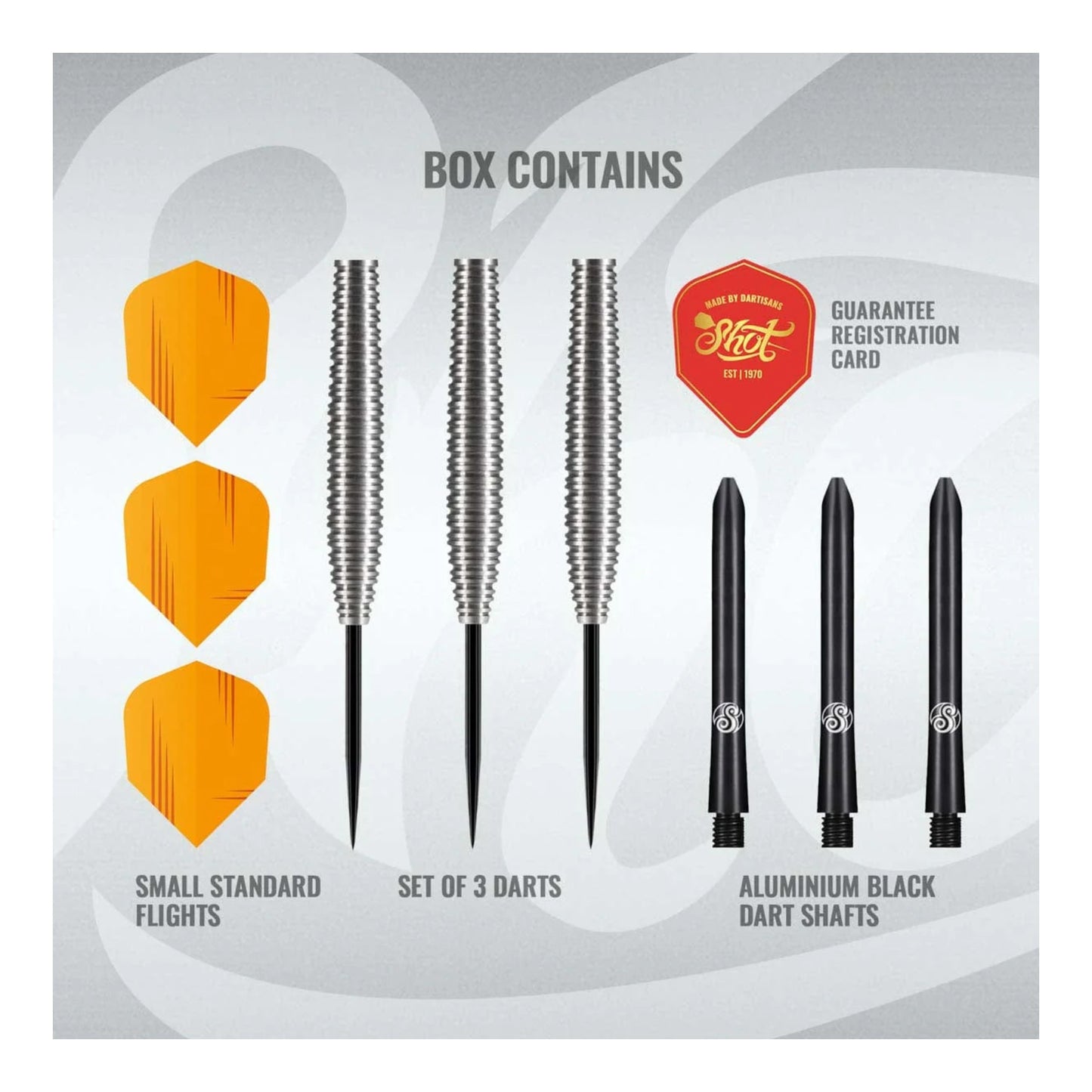 Shot Zen Dojo dart set packaging with darts, flights, and shafts on a gray background