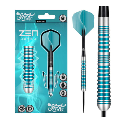 Shot Zen Jutsu darts packaging showing flights aluminum shafts and barrels