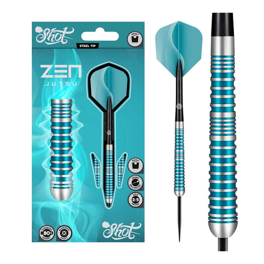 Shot Zen Jutsu darts packaging showing flights aluminum shafts and barrels