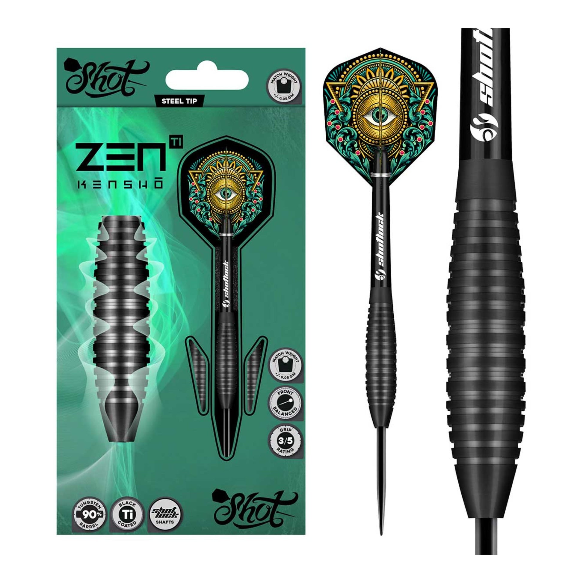 Shot Zen Kensho darts packaging showing flights shafts and barrels