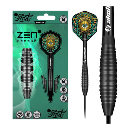 Shot Zen Kensho darts packaging showing flights shafts and barrels