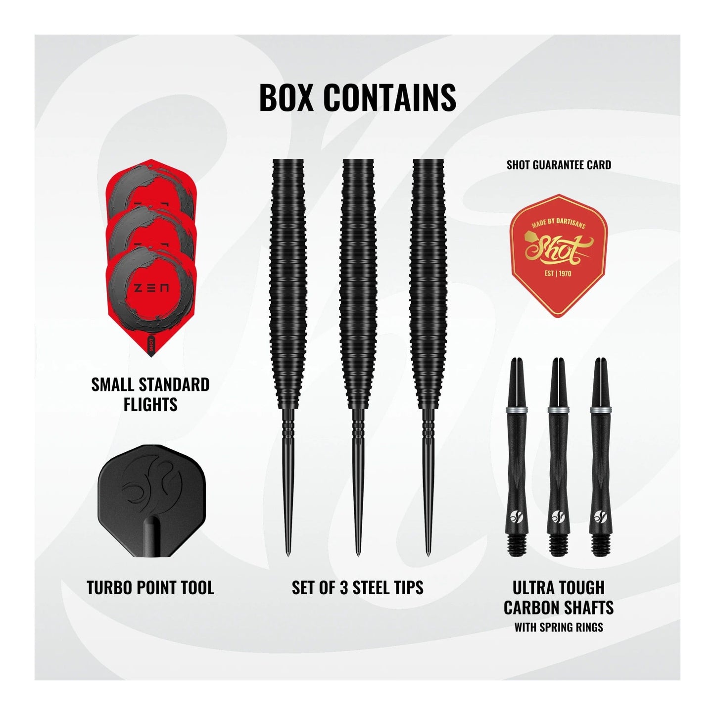 Zen Missile dart set packaging showing included flights shafts and points