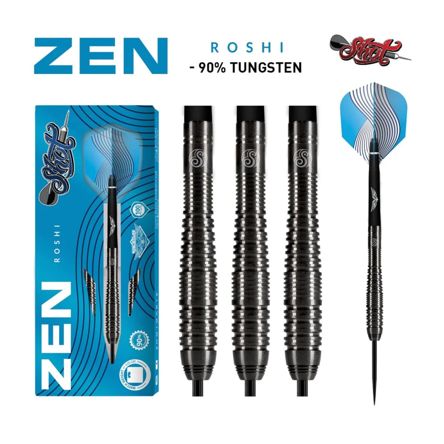 Shot Zen Roshi steel tip darts 90% tungsten with flights and shafts full set