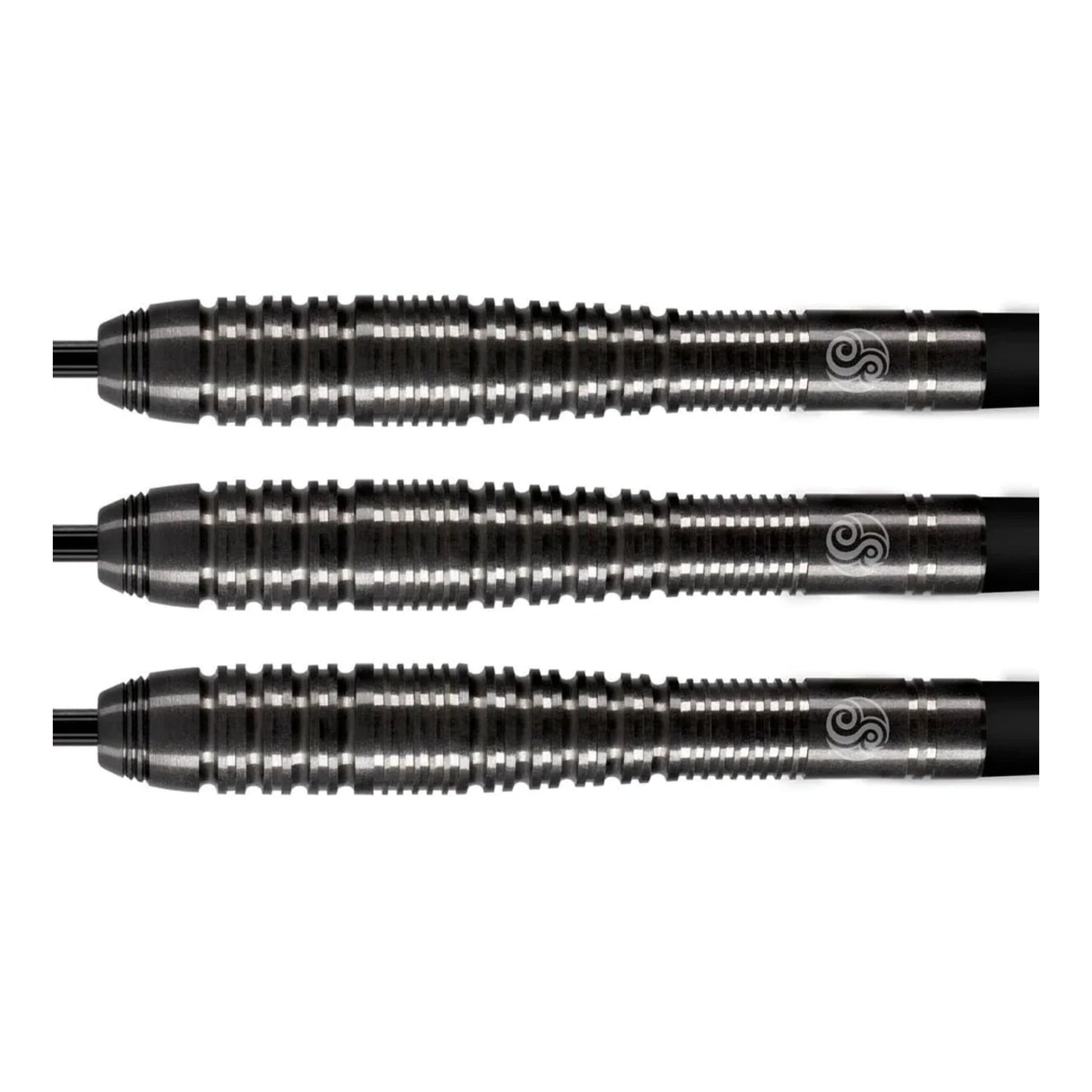 Close up of front weighted tungsten barrels and scallop grip on Zen Roshi darts