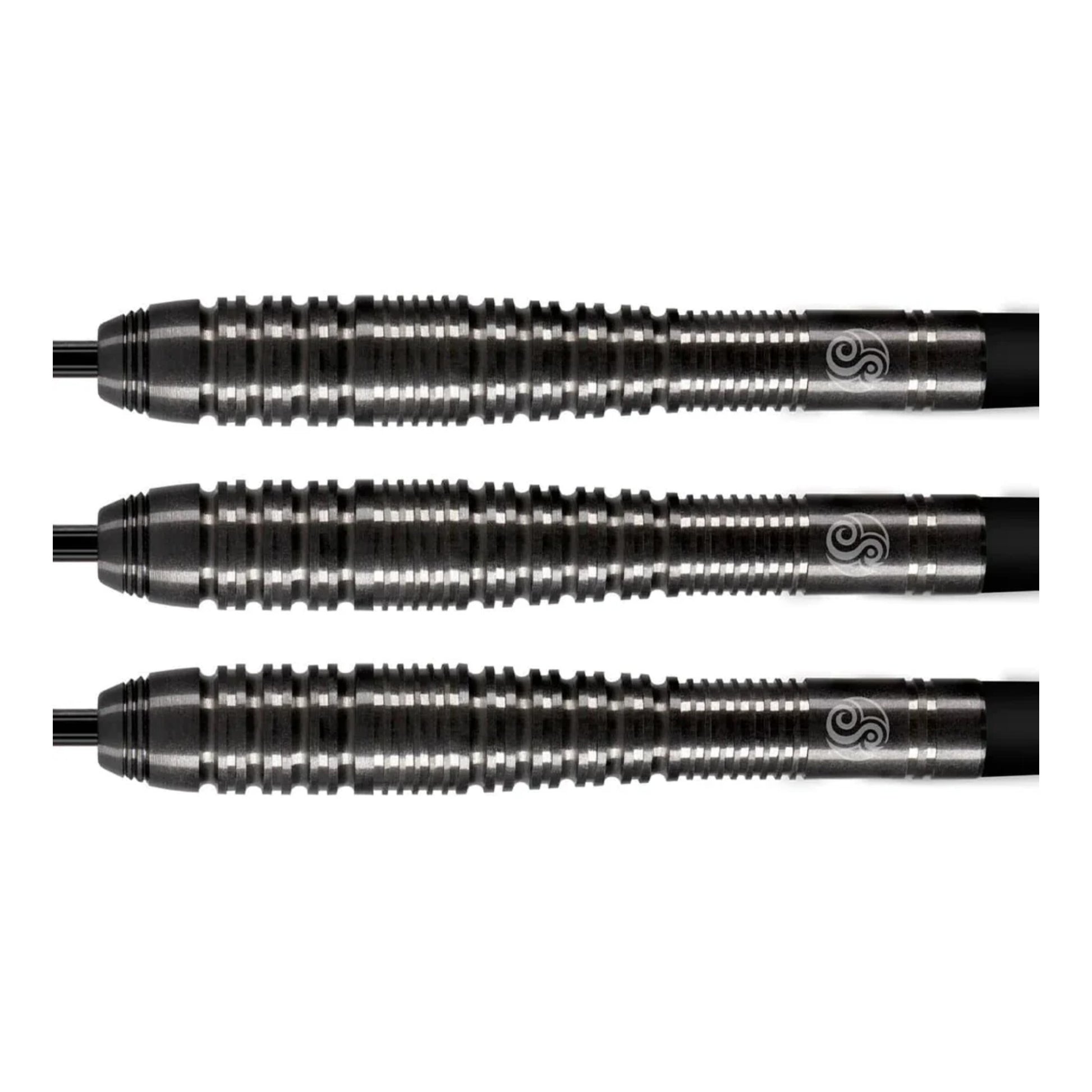 Close up of front weighted tungsten barrels and scallop grip on Zen Roshi darts